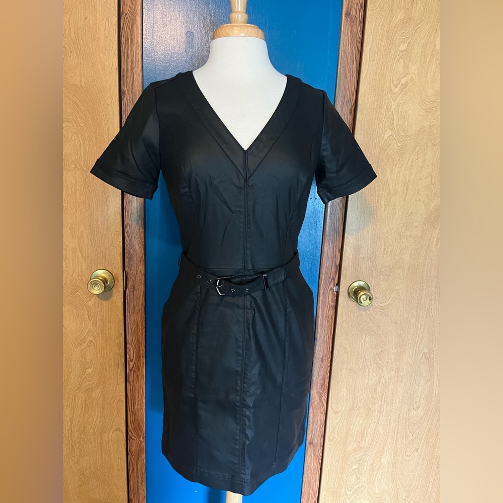 Coated Denim Belted Dress with Pockets